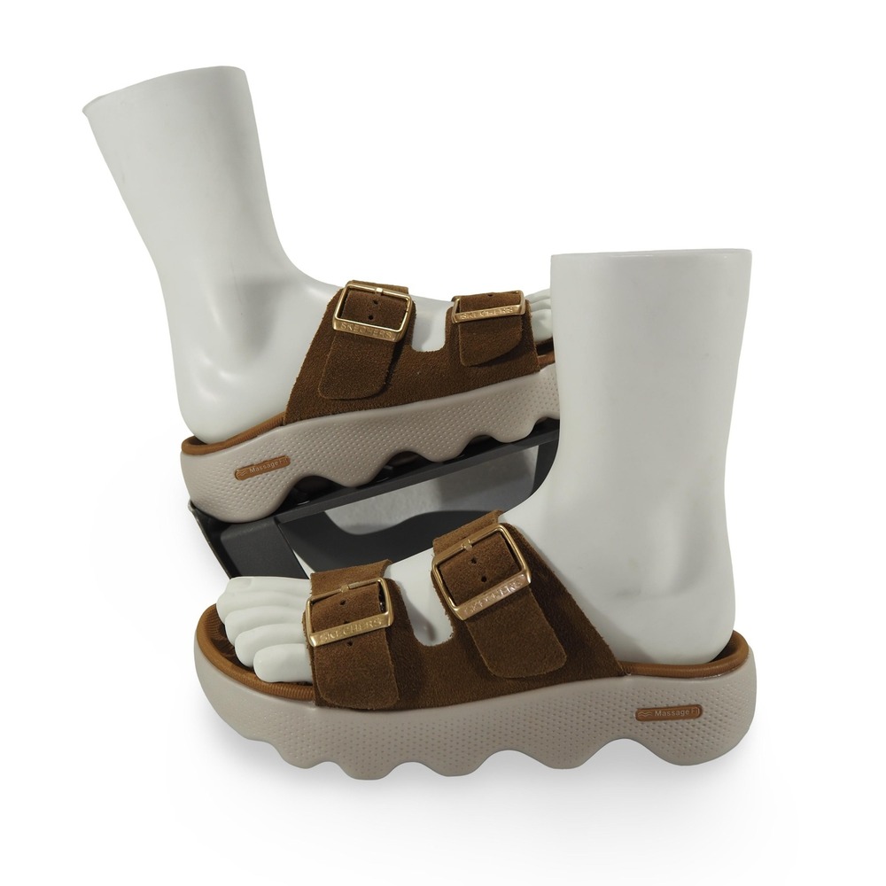 Skechers Massage Fit‎ Revive Sandals Womens 6 Tan Strappy Buckle Slides 140671